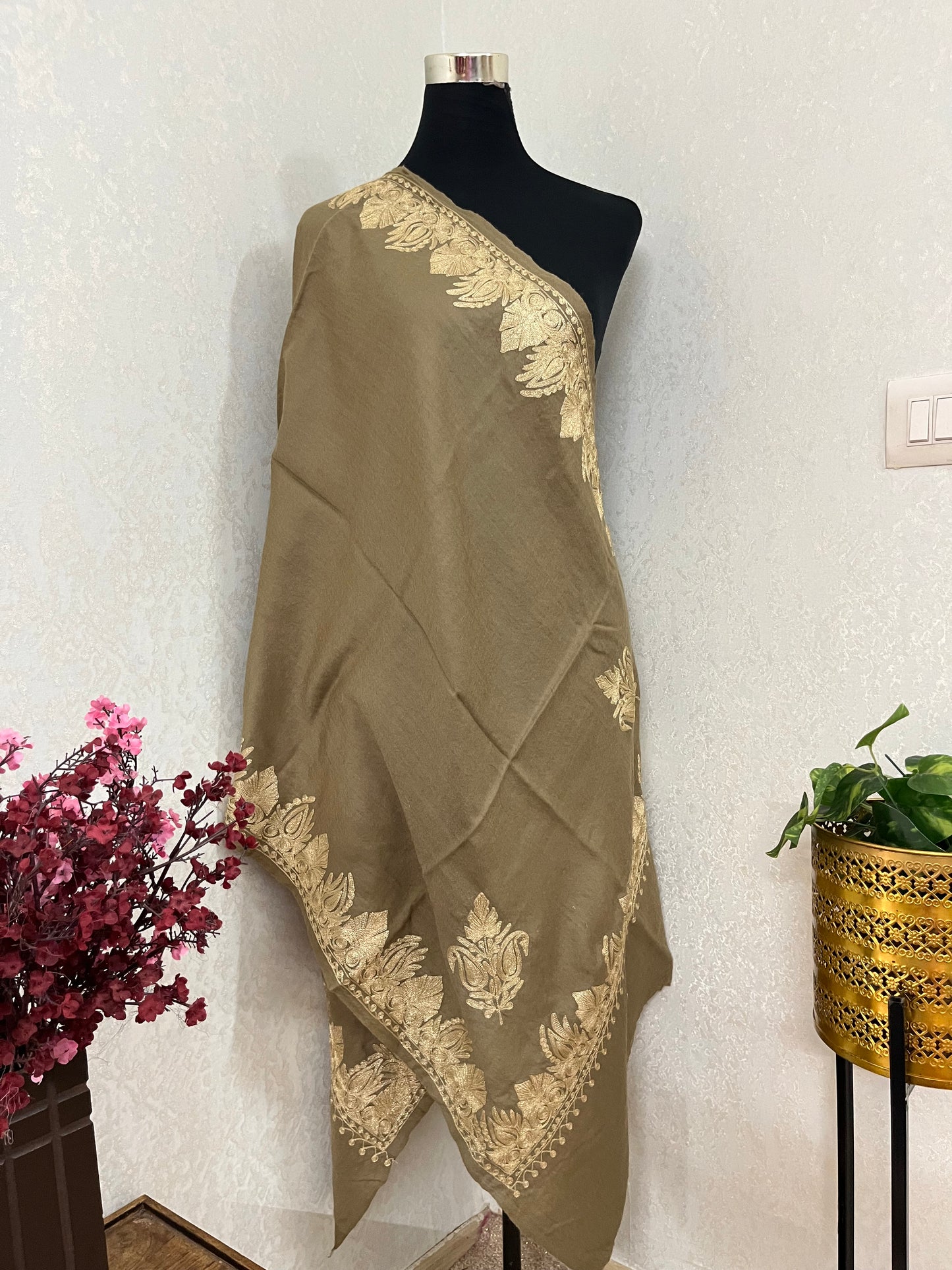 Beige Semi Pashmina Tilla Embroidered stole
