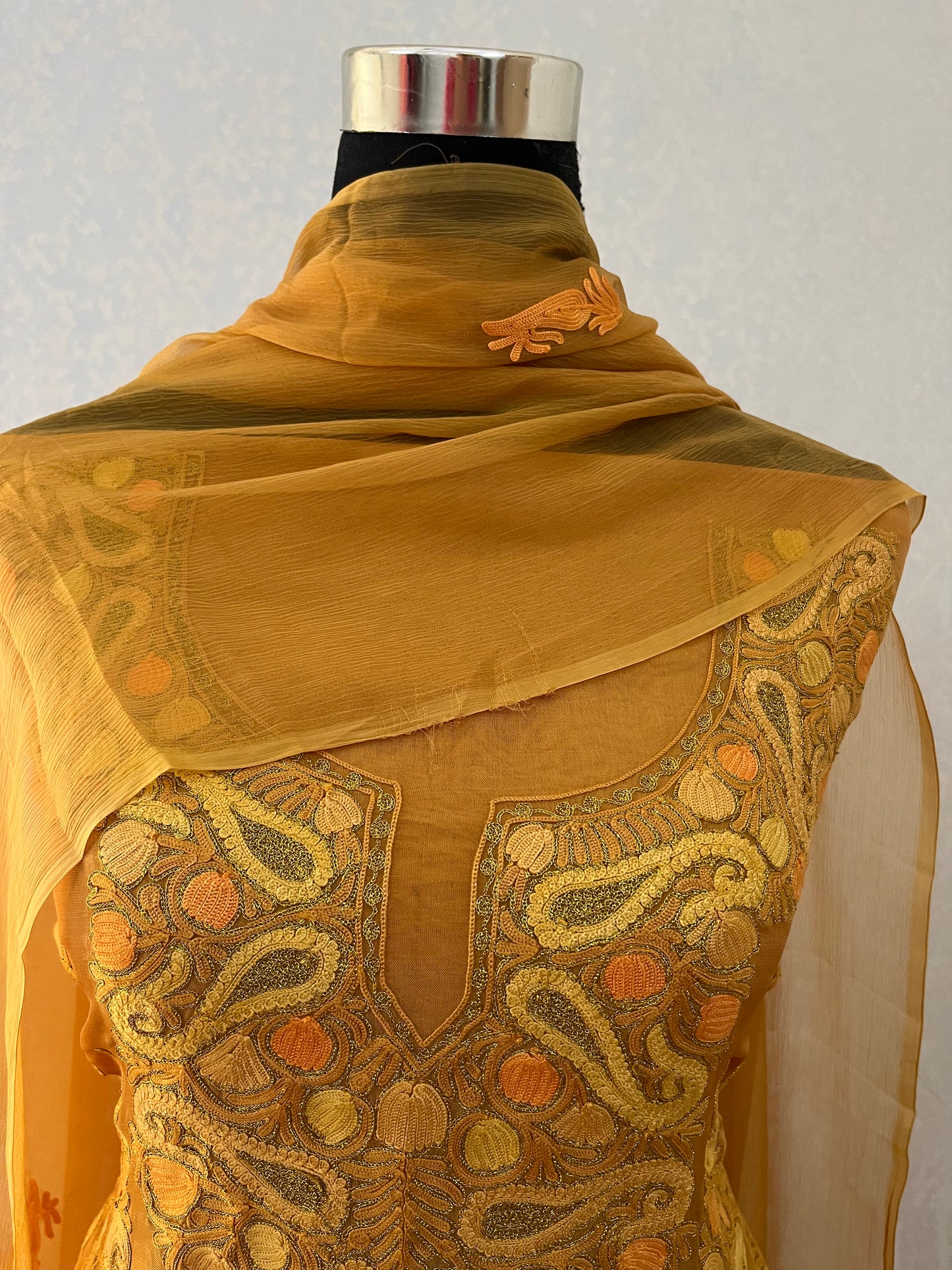 Mustard Yellow Pure Organza Cut Work Kashmiri Suit