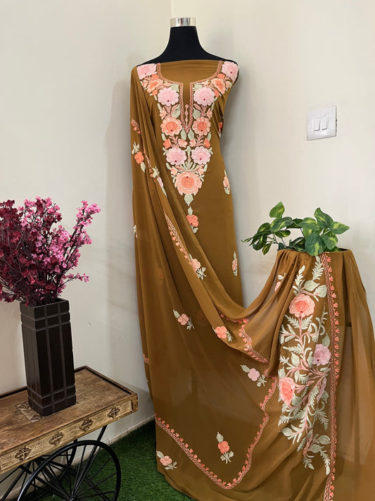 Coffee Brown Georgette 3 Pc Aari Embroidered Suit