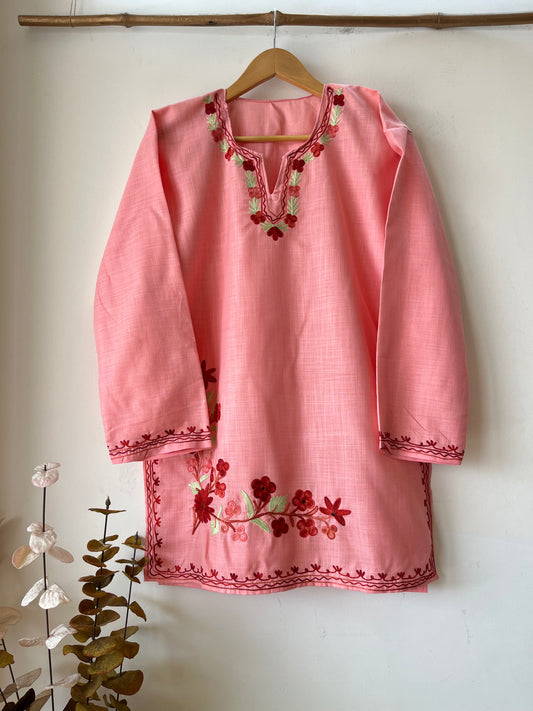 Peach Pink Cotton Aari Work Kurta