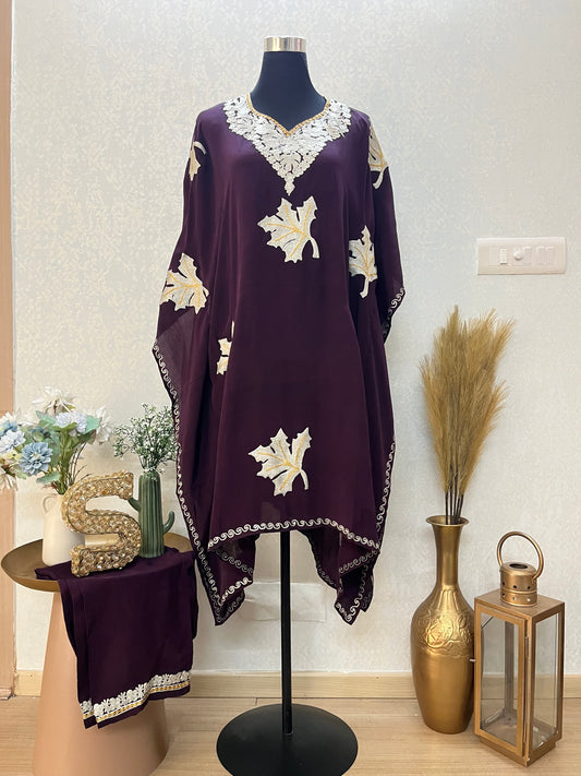 Wine Crape Kashmiri Kaftan Set