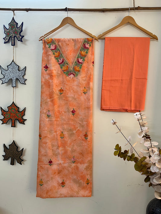 Tangerine Orange Self Work Satin Cotton Unstitched Co-ord Set