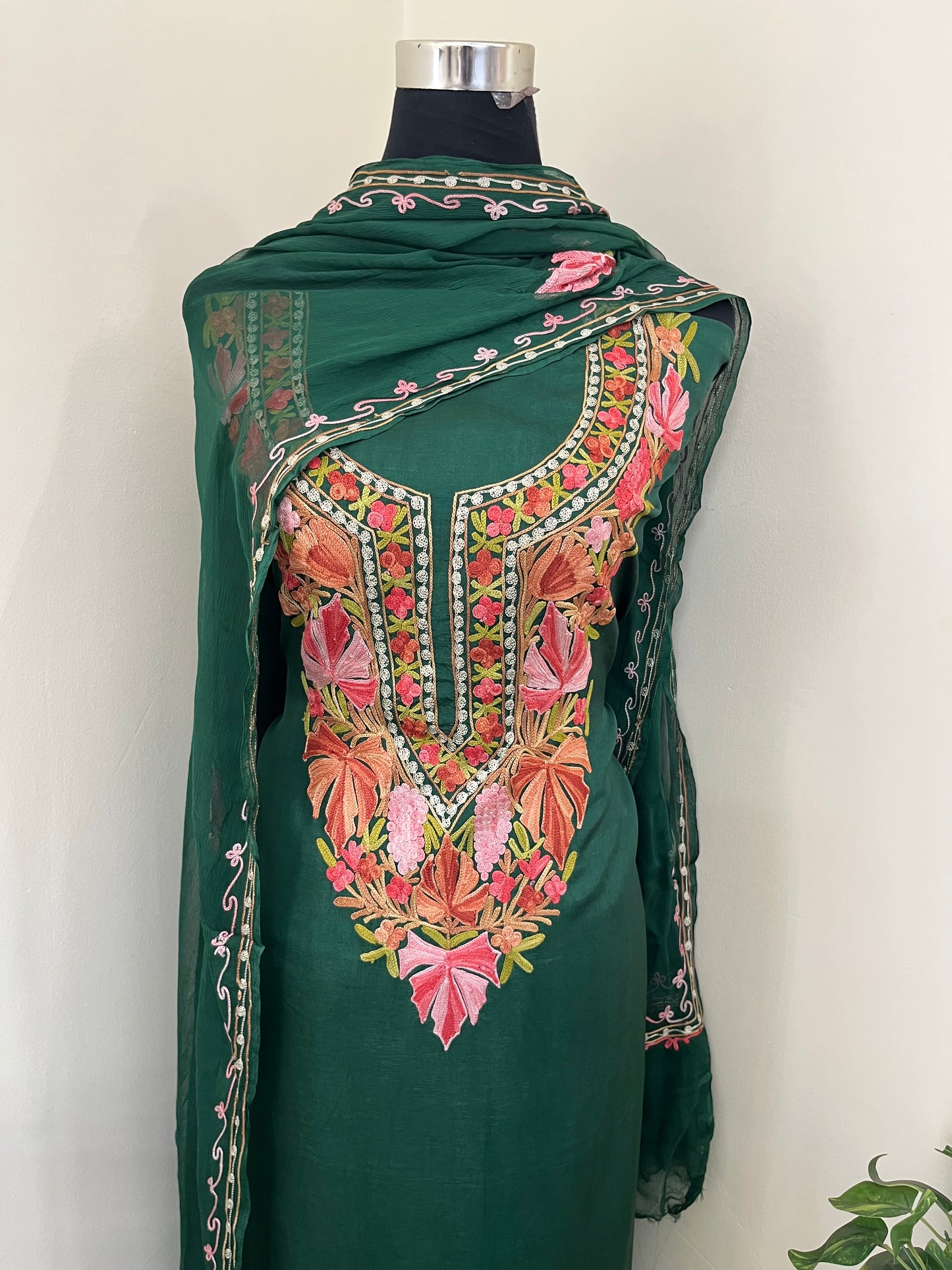 Bottle Green Opada Silk Aari Embroidered Suit material