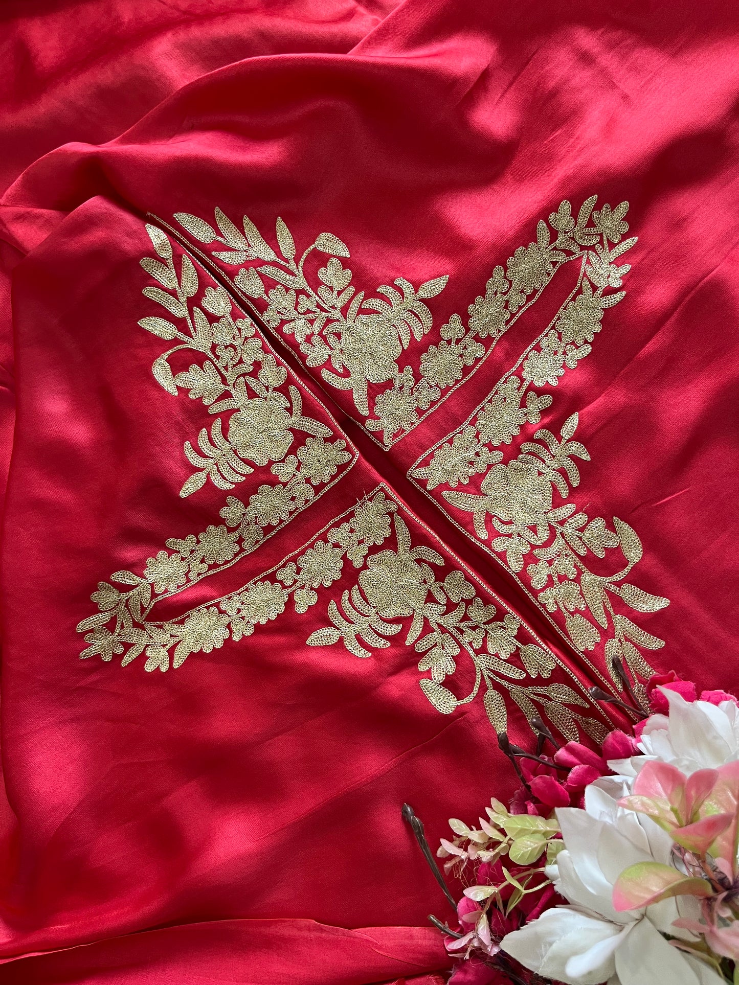 Red Satin Cotton Kashmiri Suit