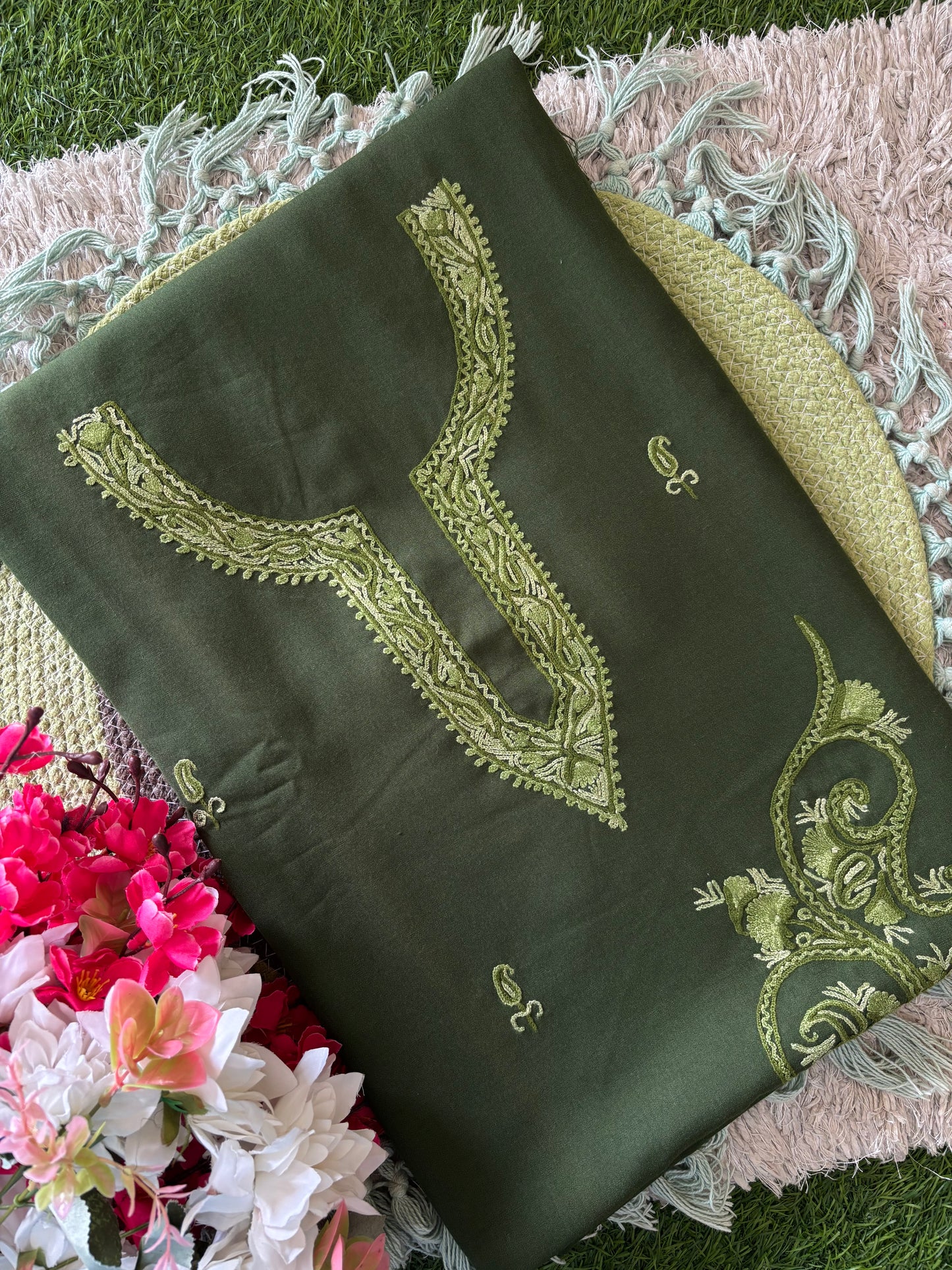 Cotton Green Two Piece Set (Hand Embroidered)