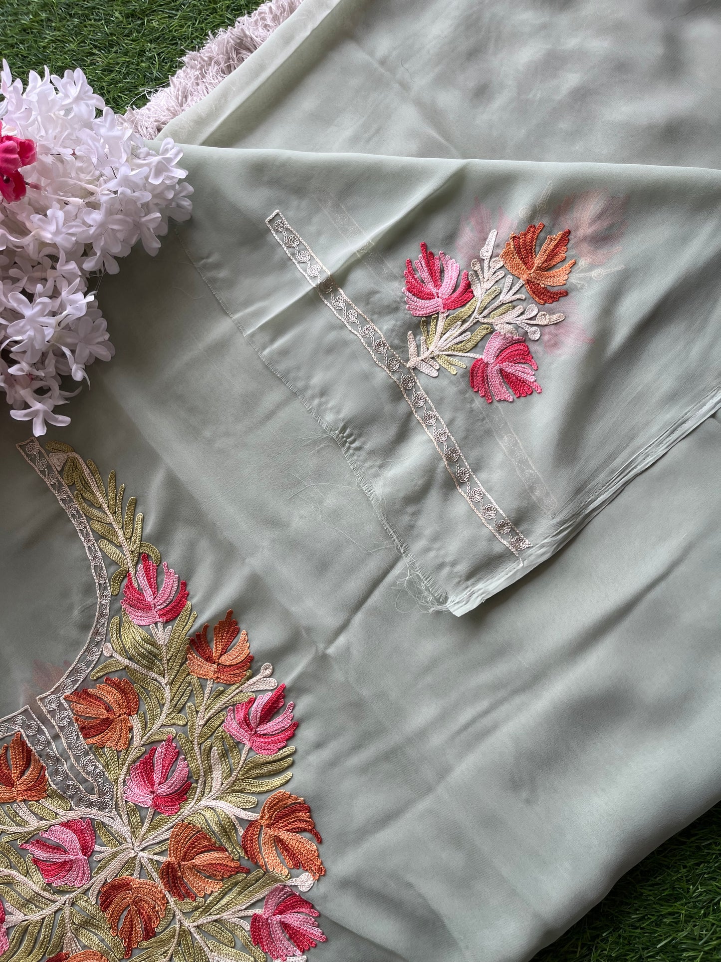 Grey Georgette Aari Embroidered Unstitched Kurta Material
