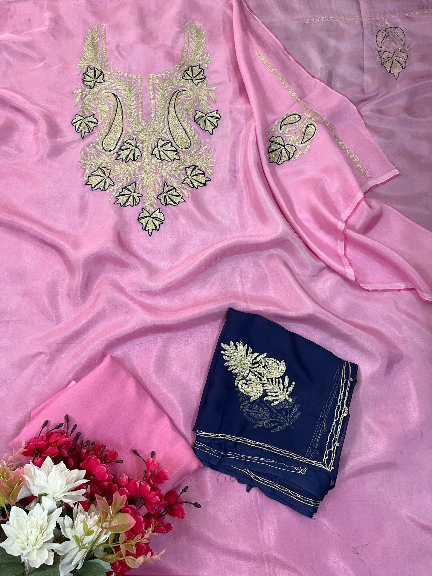 Pink Silk Aari Tilla Fusion Suit