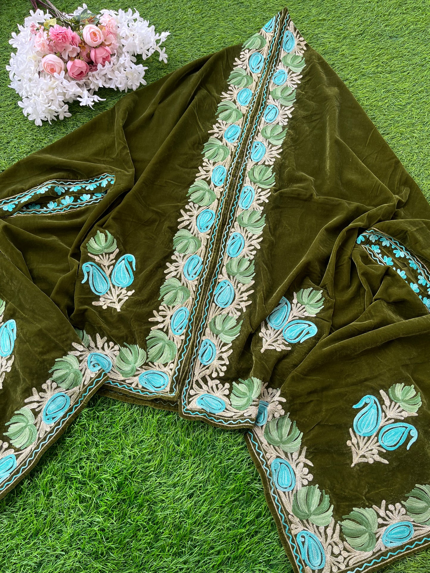 Henna Green Aari Embroidered Velvet Cape