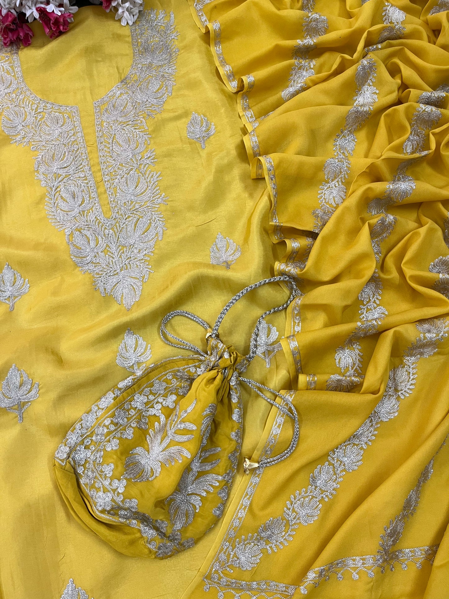 Sanam Golden Yellow Silk Kashmiri Suit with Potli
