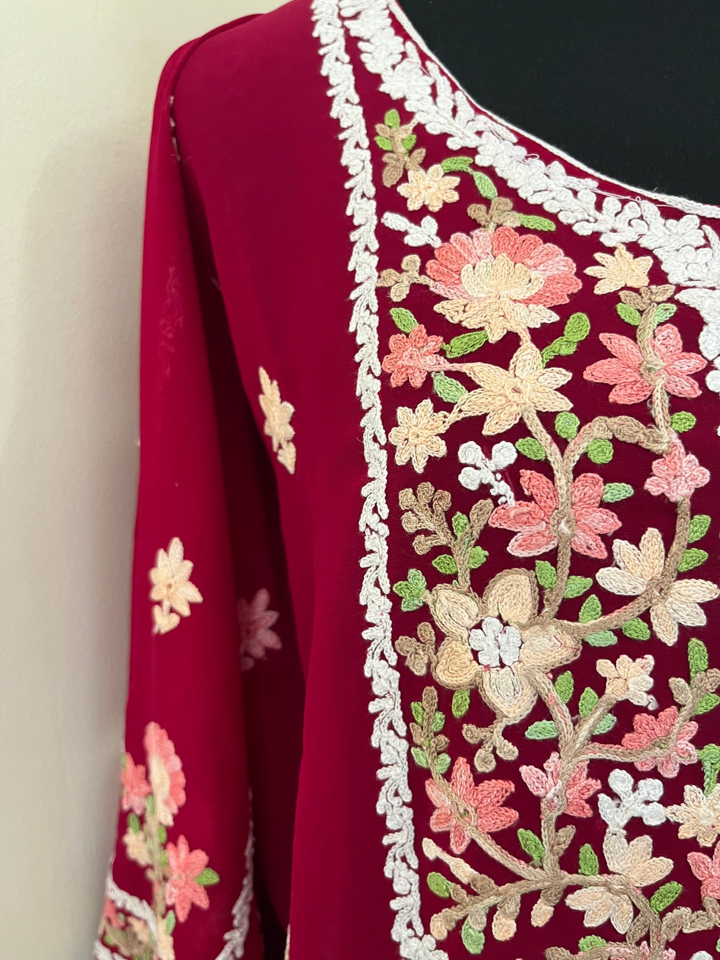 Hot Pink Georgette All over Work Aari Embroidered Unstitched Kurta