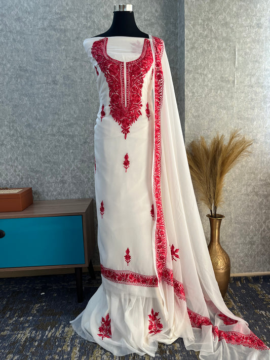 Off White Georgette Aari Embroidered Suit Set (On Order)