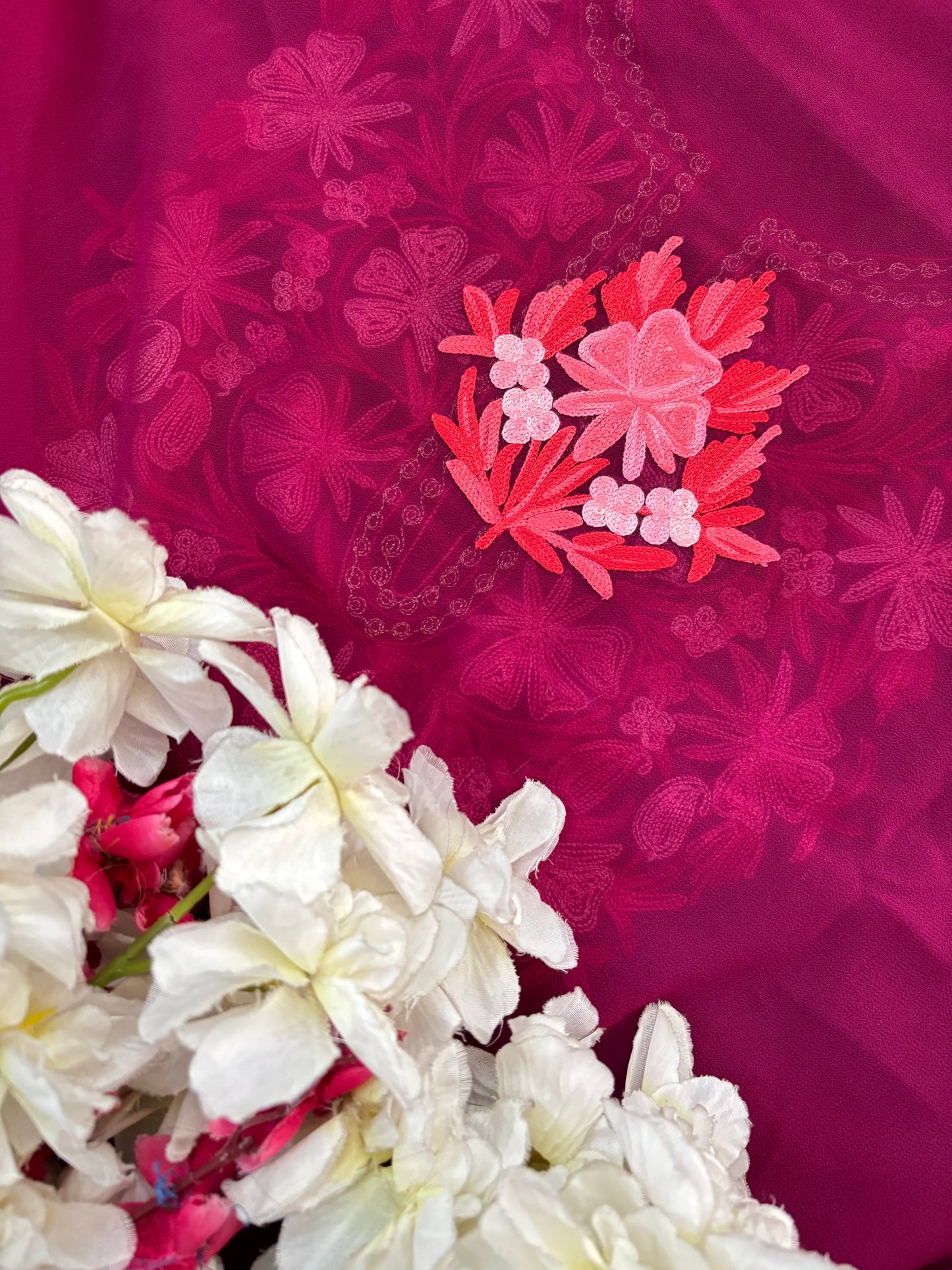 Wine Georgette 3pc Aari Embroidered Suit