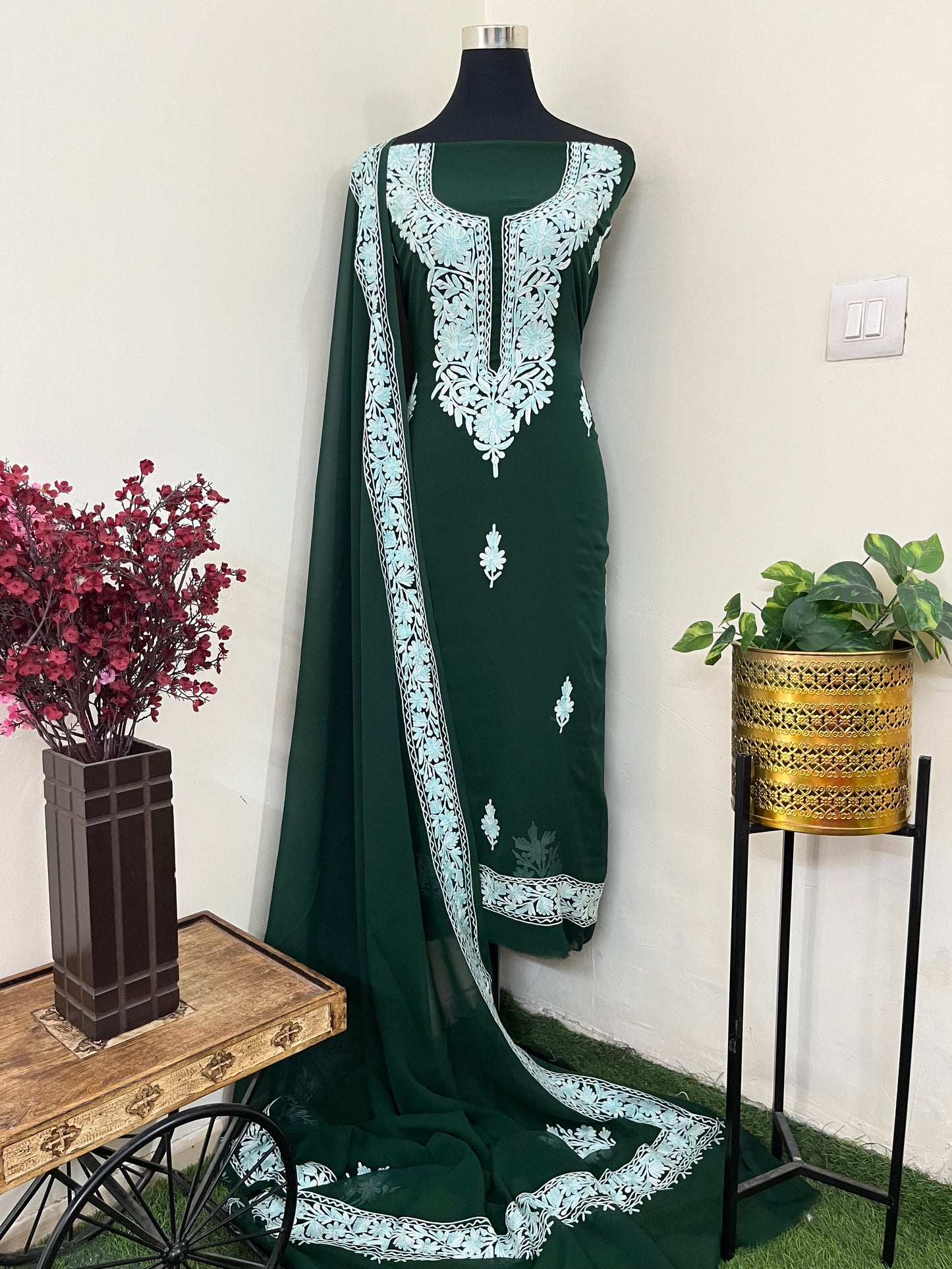Georgette Green 3 Pc Aari Embroidered Suit Set