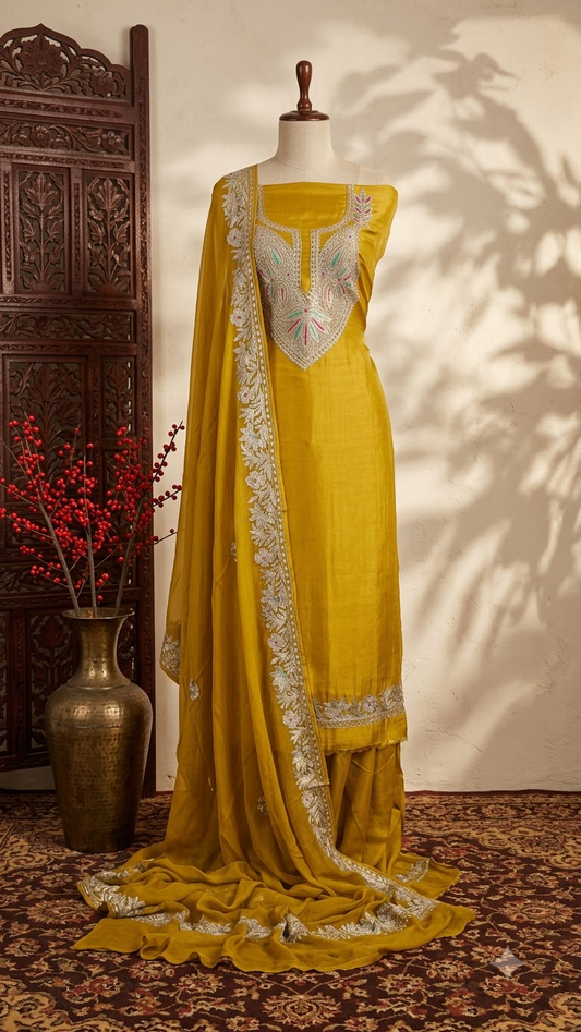 Golden Yellow Opada Silk Kashmiri Suits