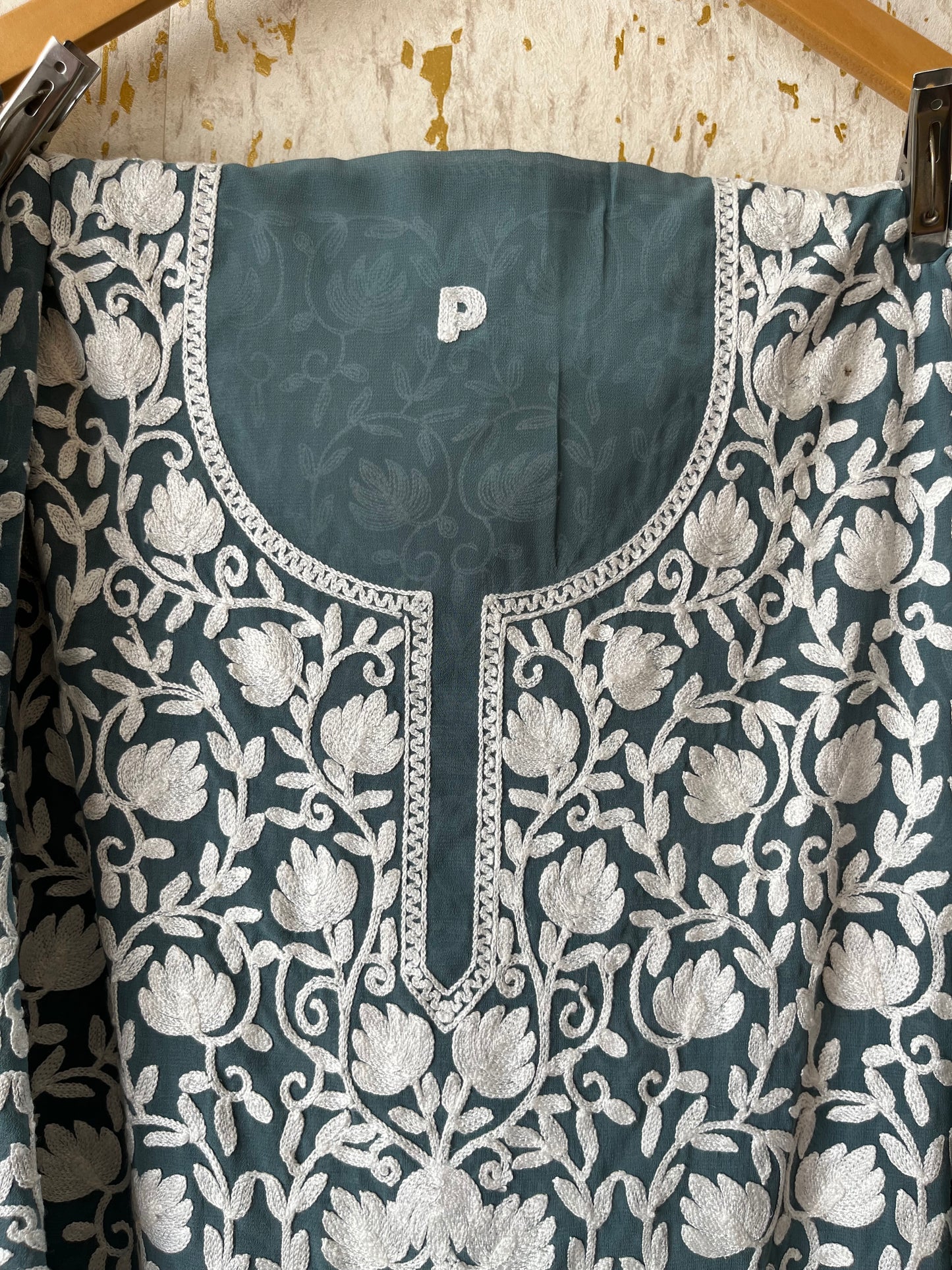 Sapphire Blue Georgette Jaal Work (Front & Back) Aari Embroidered Semi Stitched Kurta
