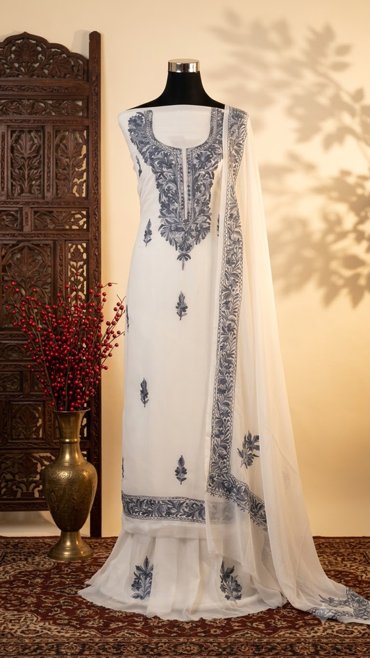 Off White Georgette Aari Embroidered Suit Set