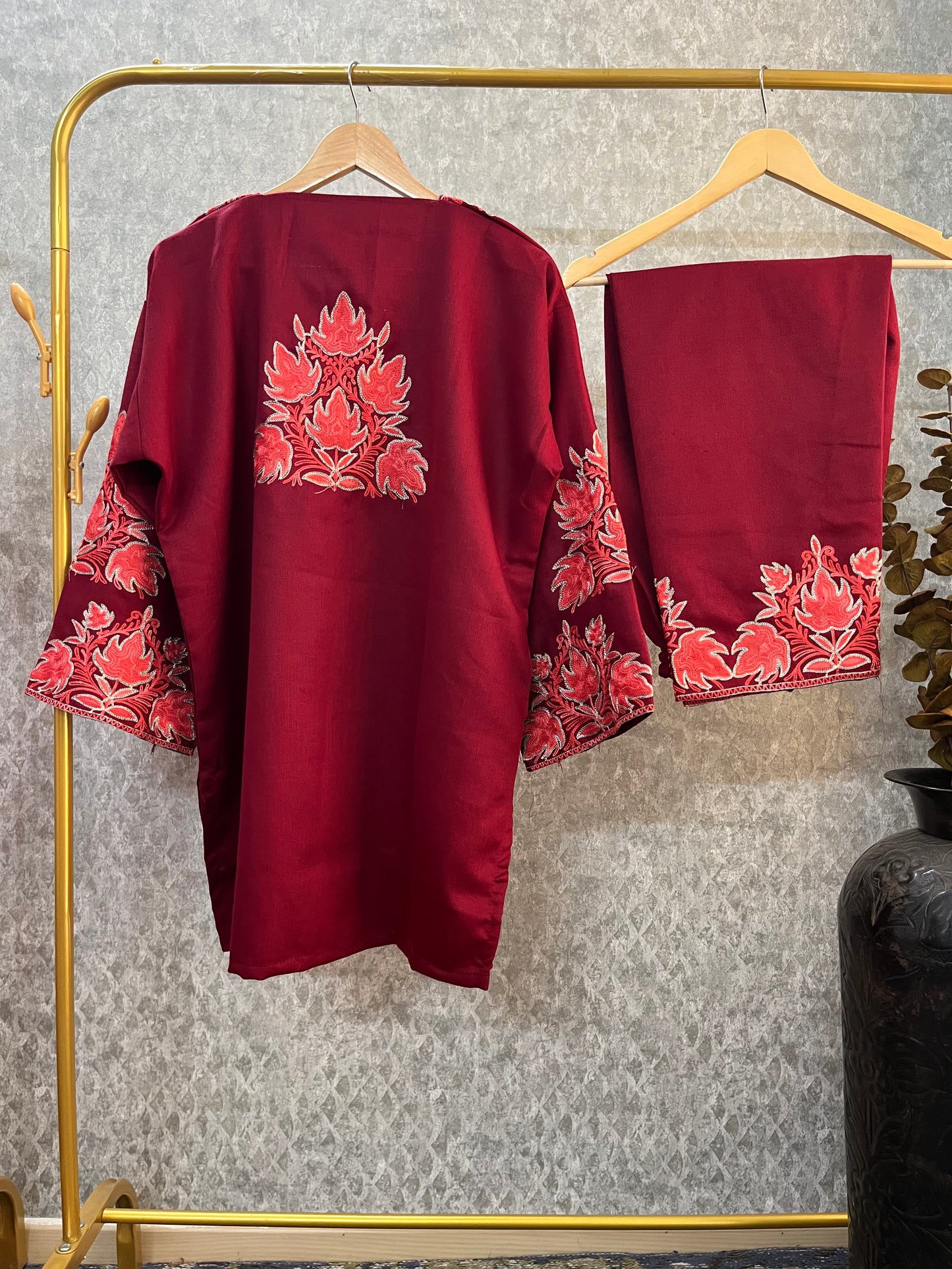 Maroon Woollen Kashmiri Co-Ord Set ( Size 46)
