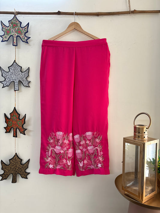 Women Pink Solid Flared Aari Embroidered Palazzos (32)