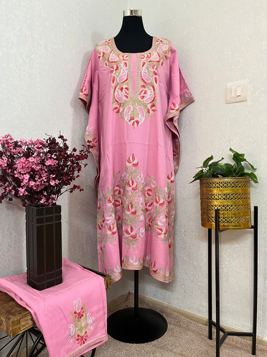 Pink Woollen Kashmiri Kaftan Set
