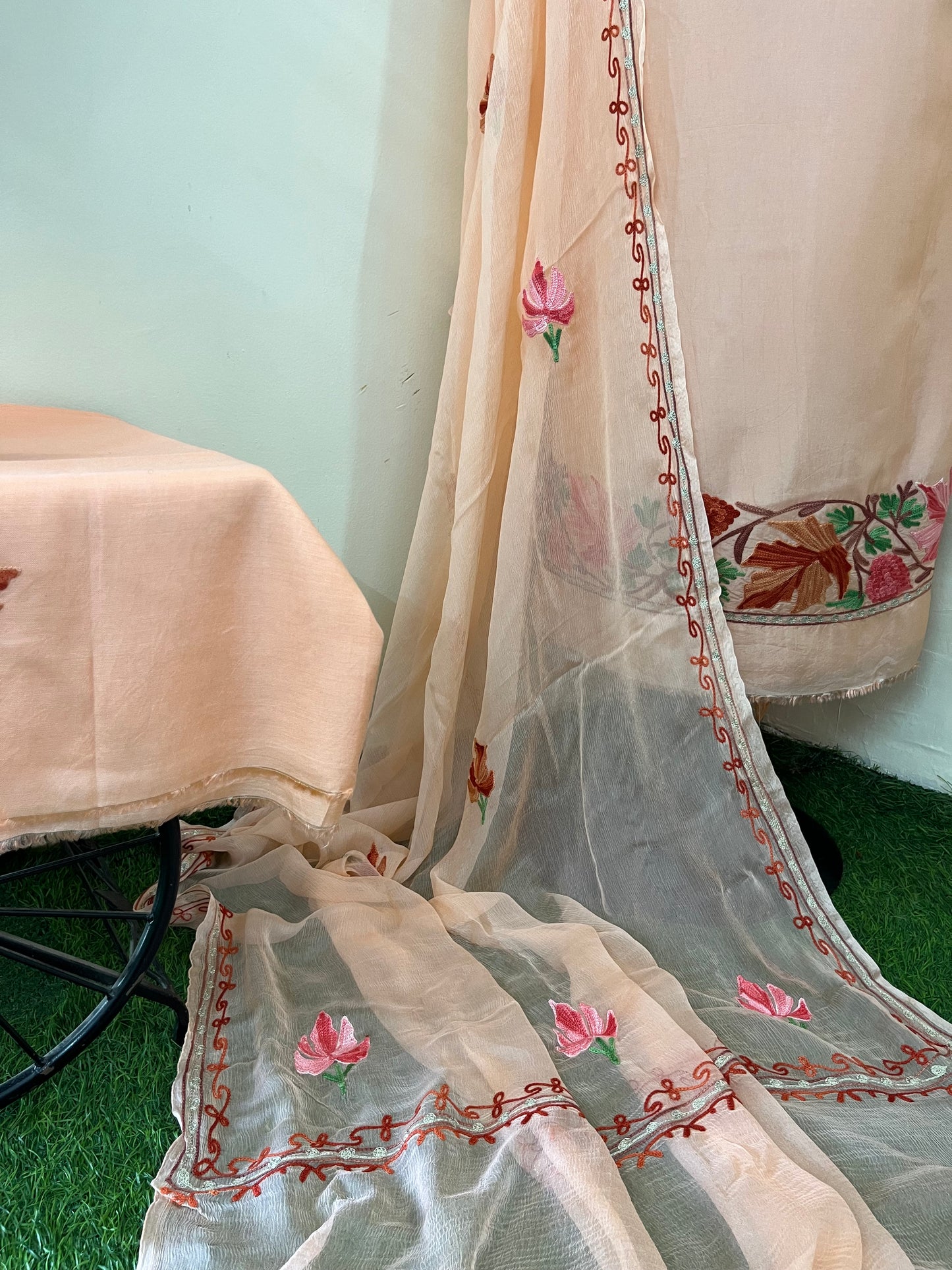 Peach Opada Silk Aari Embroidered Suit material
