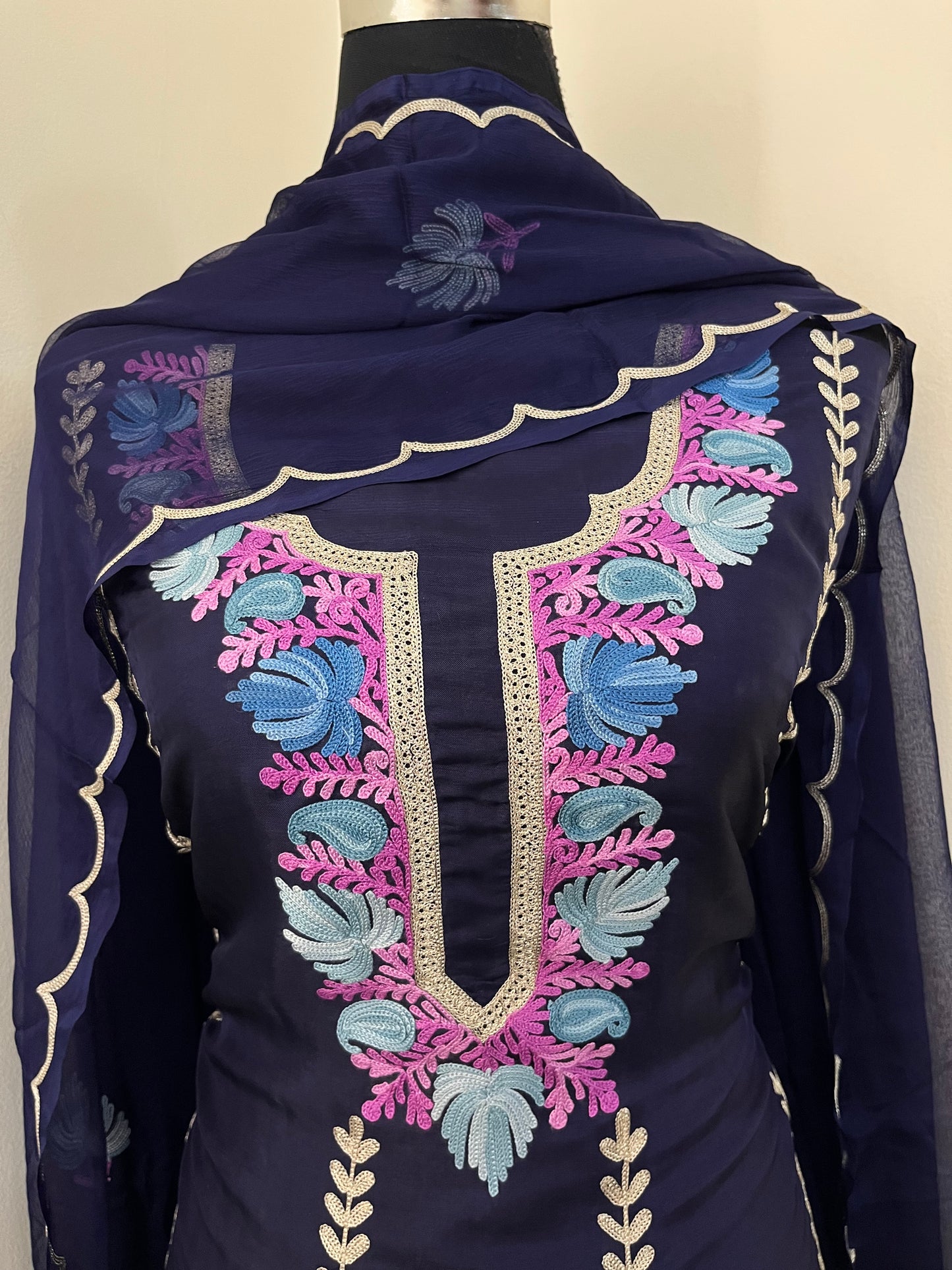 Sanam’ Navy Blue Silk Aari Embroidered Suit material