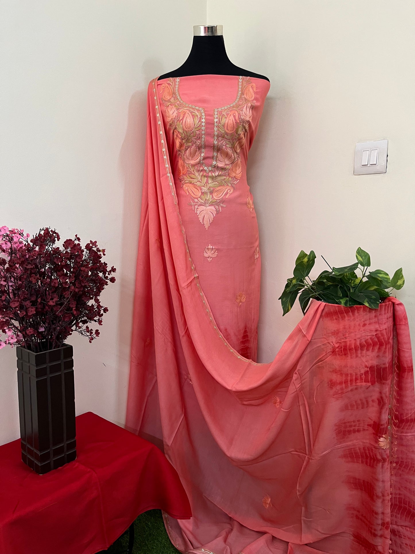 Carrot Red Mul Cotton Shibori Work Kashmiri 3pc Suit