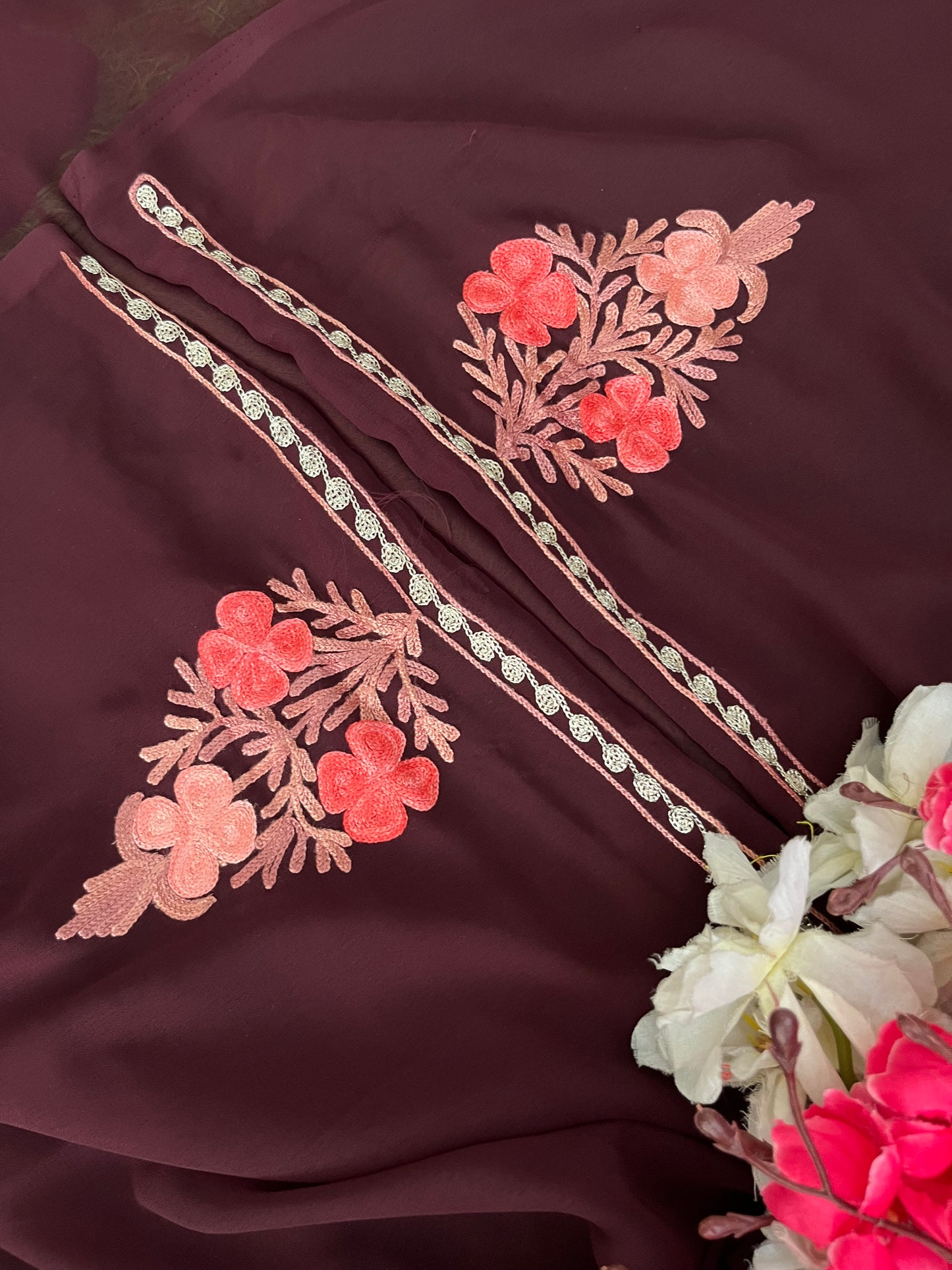 Brown Georgette 3 Pc Aari Embroidered Suit Set