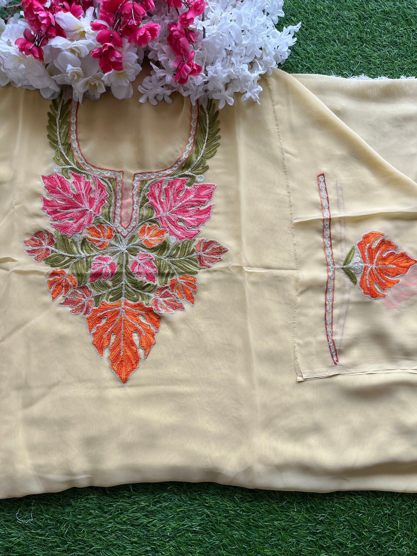 Golden Yellow Georgette Aari Embroidered Unstitched Kurta Material