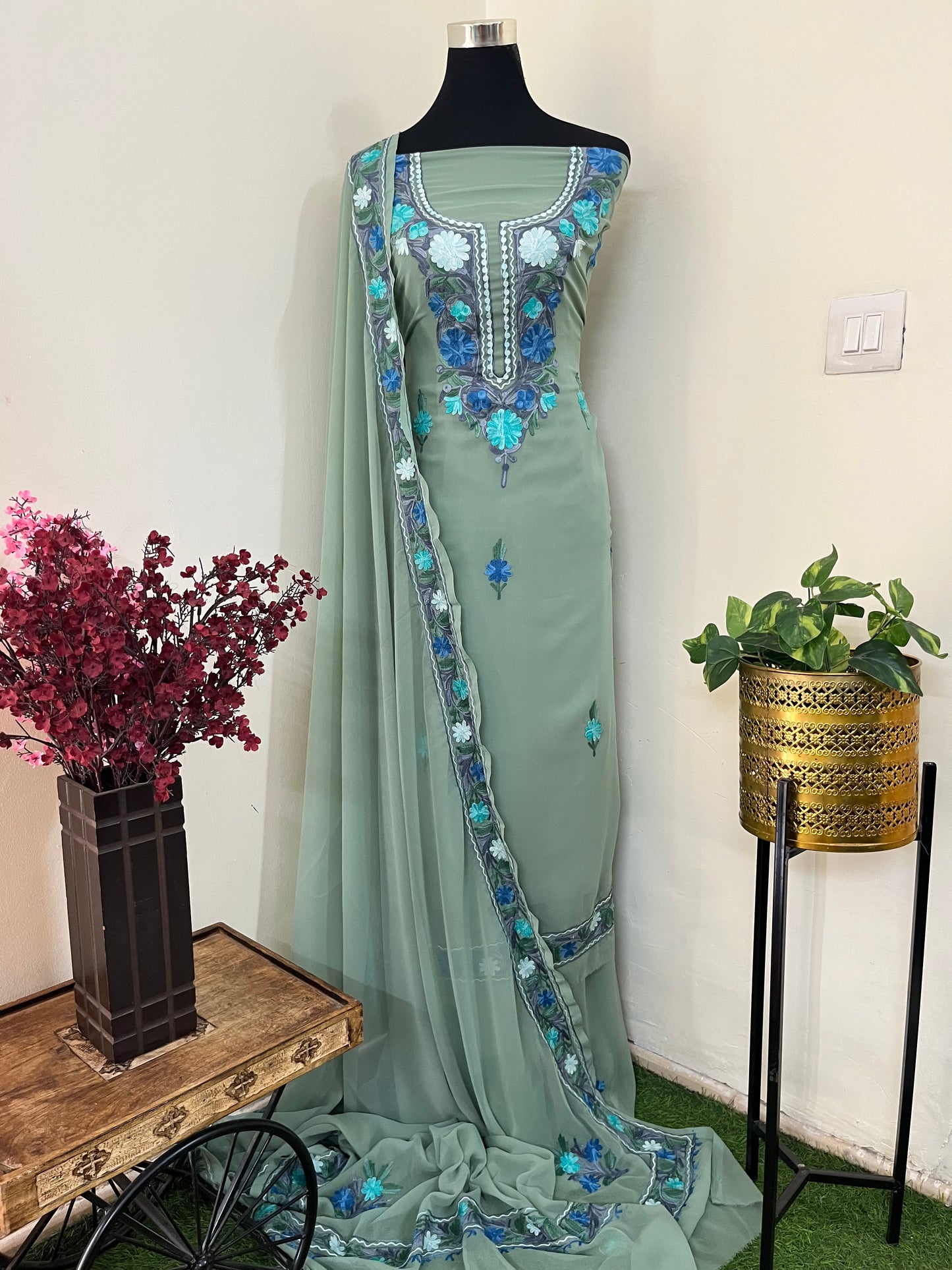 Tea Green Georgette 3 Pc Aari Embroidered Suit Set