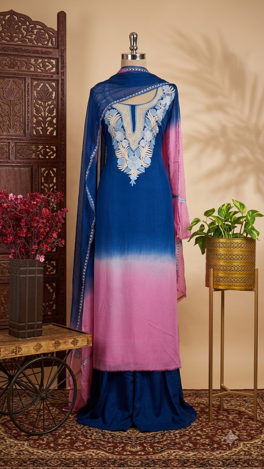 Blue Pure Georgette Double Shade Kashmiri Suit