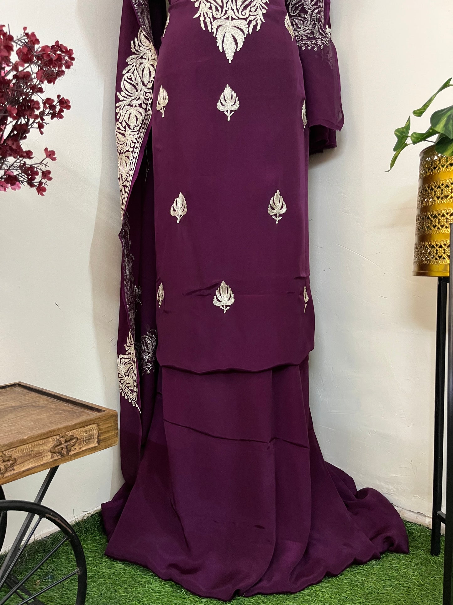‘Kalaa’ Wine Crape Kashmiri Suit