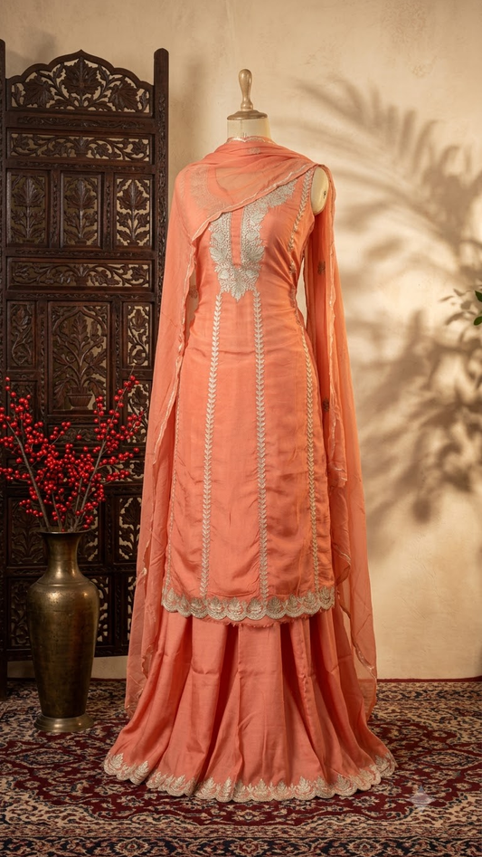 Sanam’ Peach Silk Tilla Embroidered Suit material