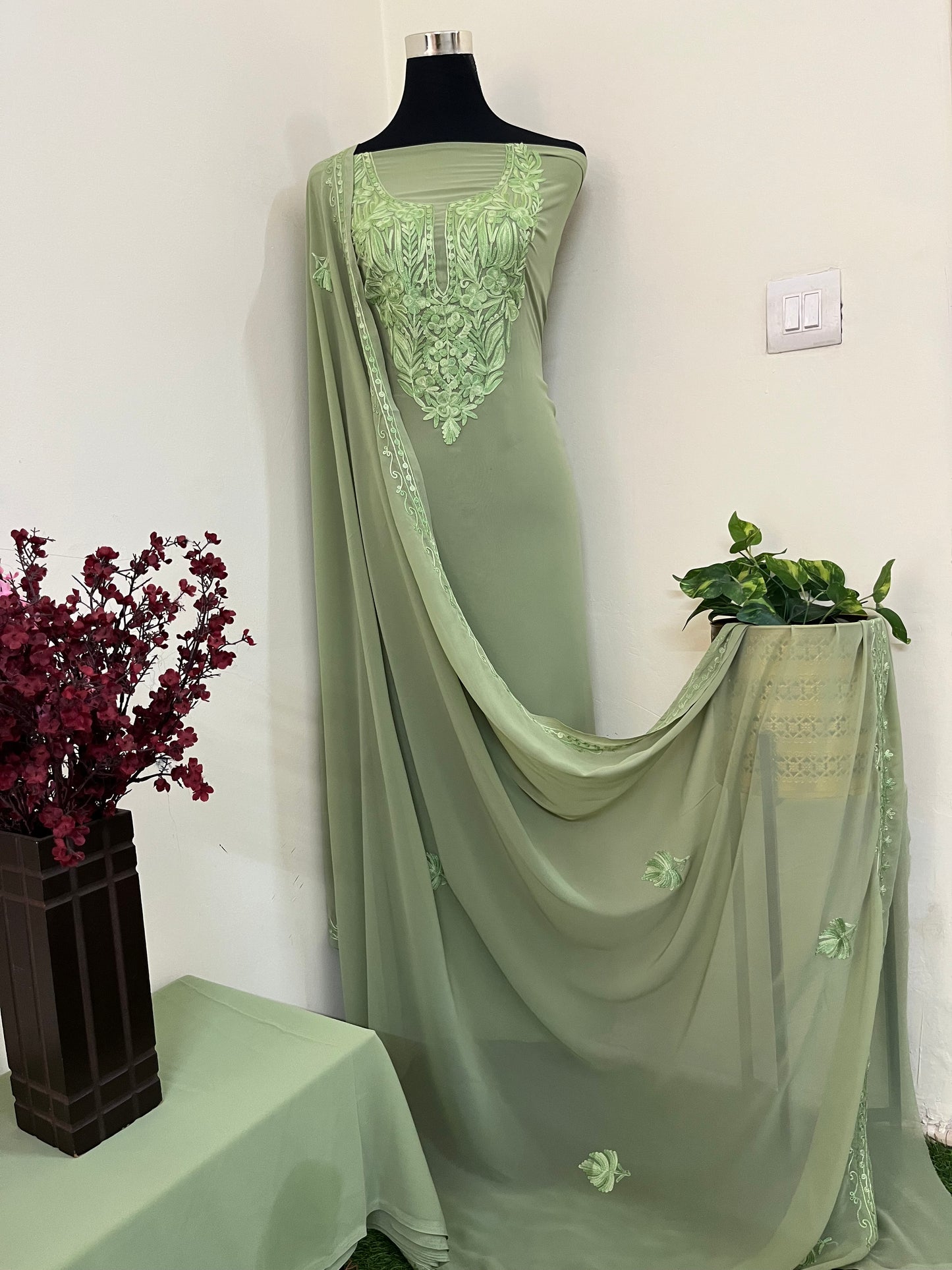 Tea green Georgette 3 Pc Aari Embroidered Suit Set