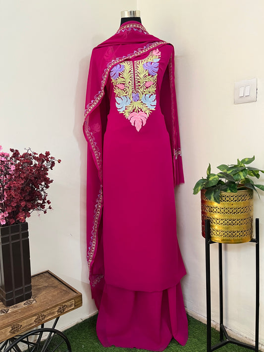 Hot Pink Georgette 3 Pc Aari Embroidered Suit Set