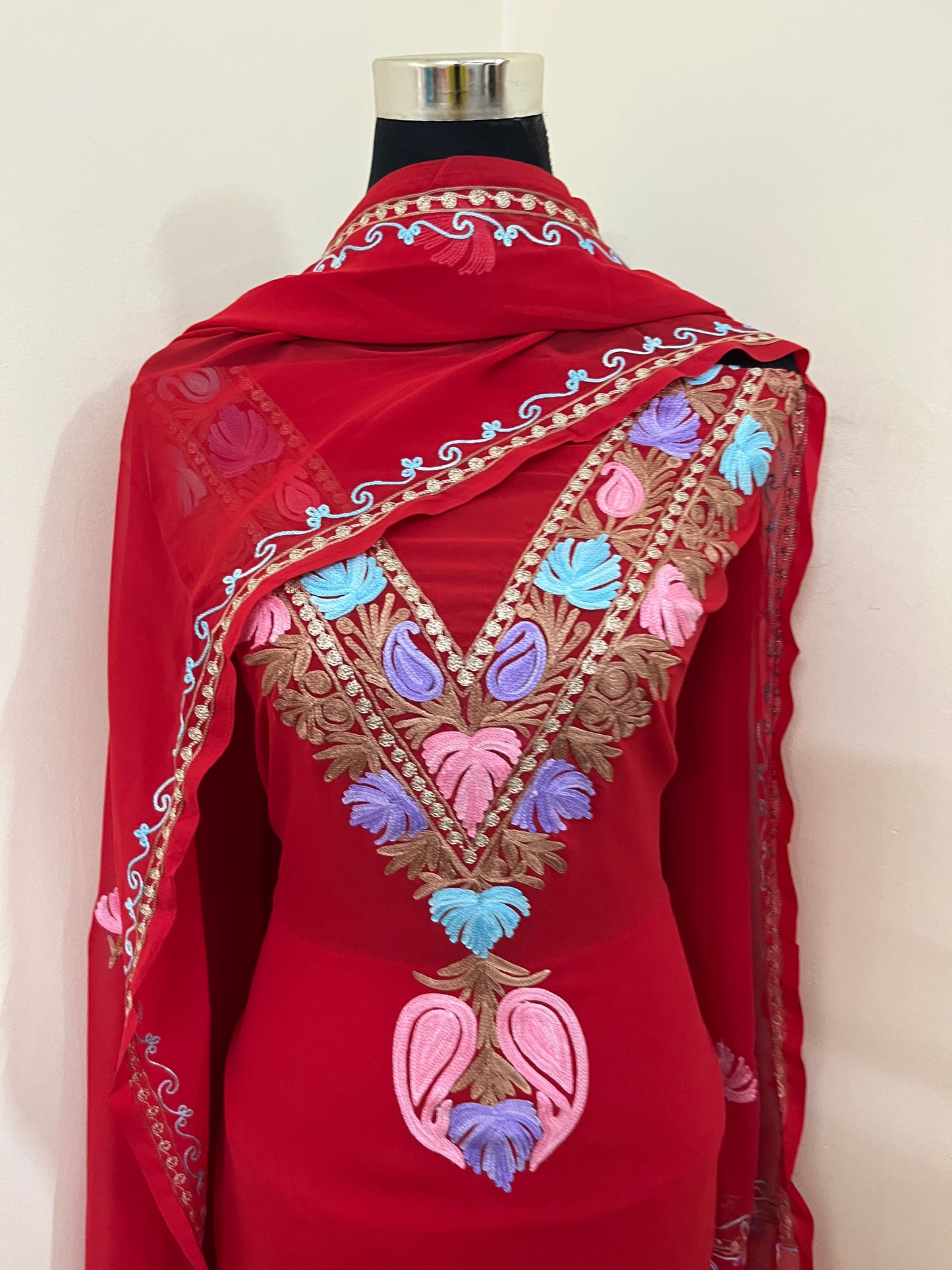 Red Georgette 3 Pc Aari Embroidered Suit Set