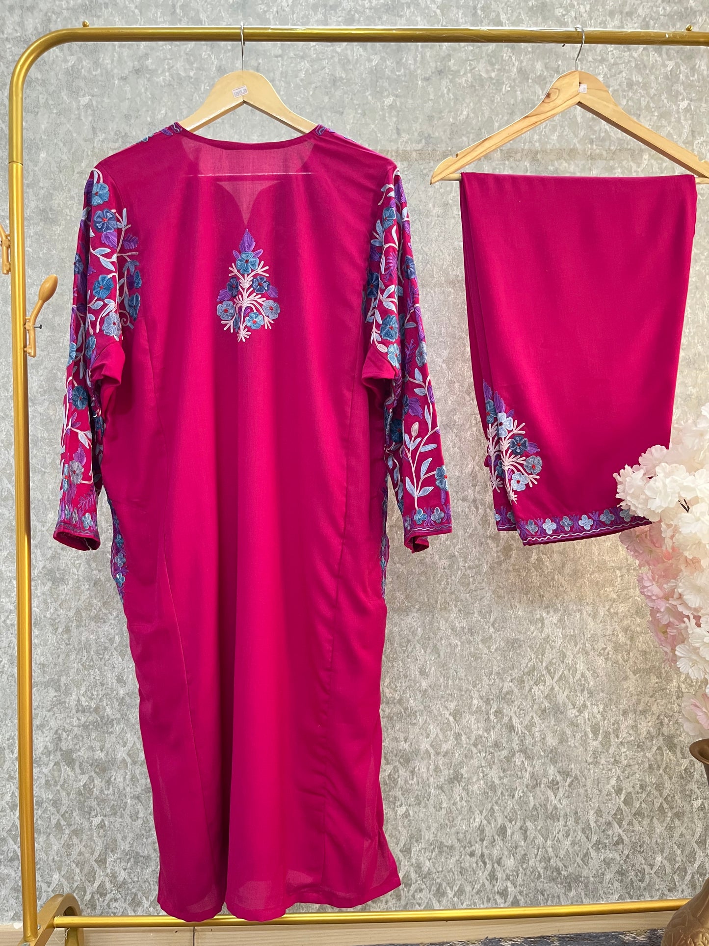 Hot Pink Cotton Arm Jaal Pheran Set