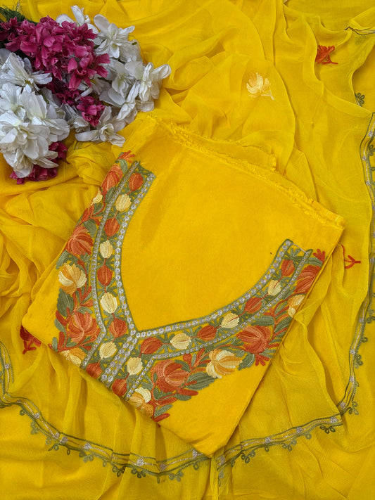 Yellow Opada Silk Aari Embroidered Suit material