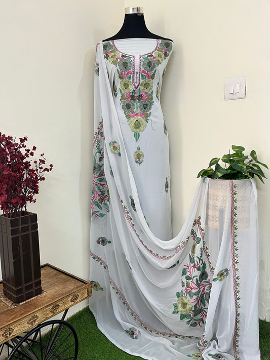 Georgette Off White 3 Pc Aari Embroidered Suit