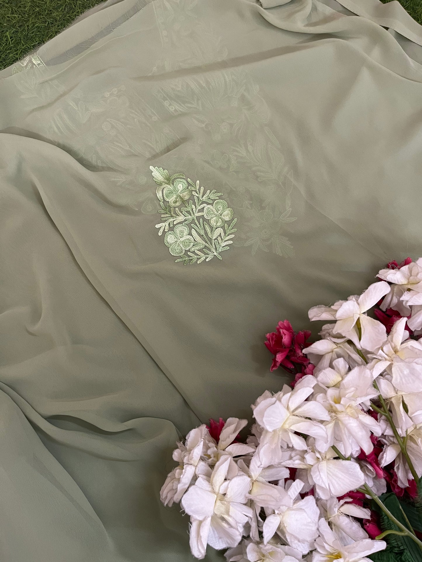 Tea green Georgette 3 Pc Aari Embroidered Suit Set