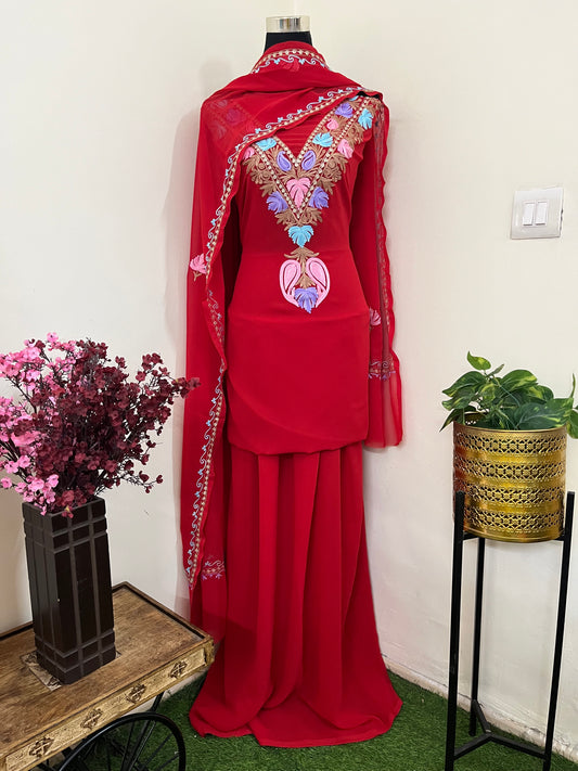 Red Georgette 3 Pc Aari Embroidered Suit Set