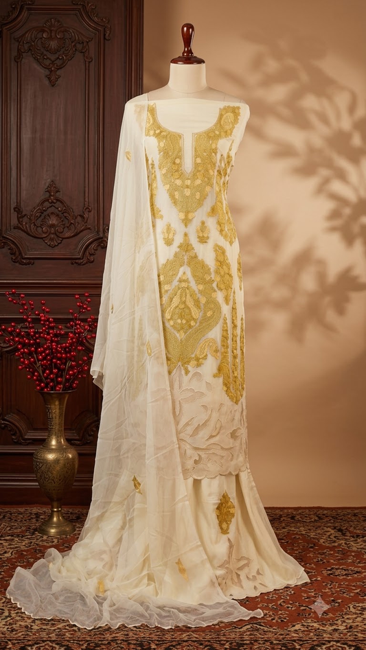 Ivory Pure Organza Cut Work Kashmiri Suit