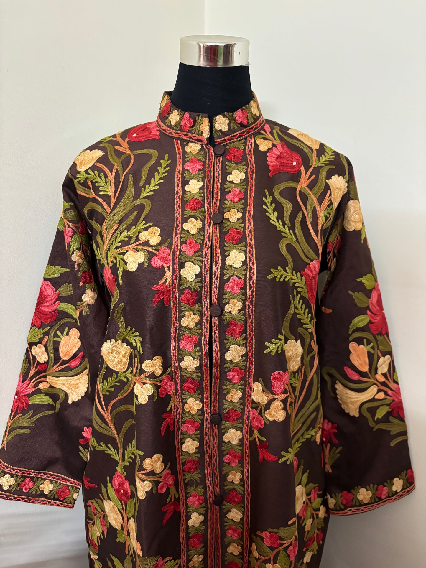 Coffee Brown Aari Embroidered Silk Jacket XXL