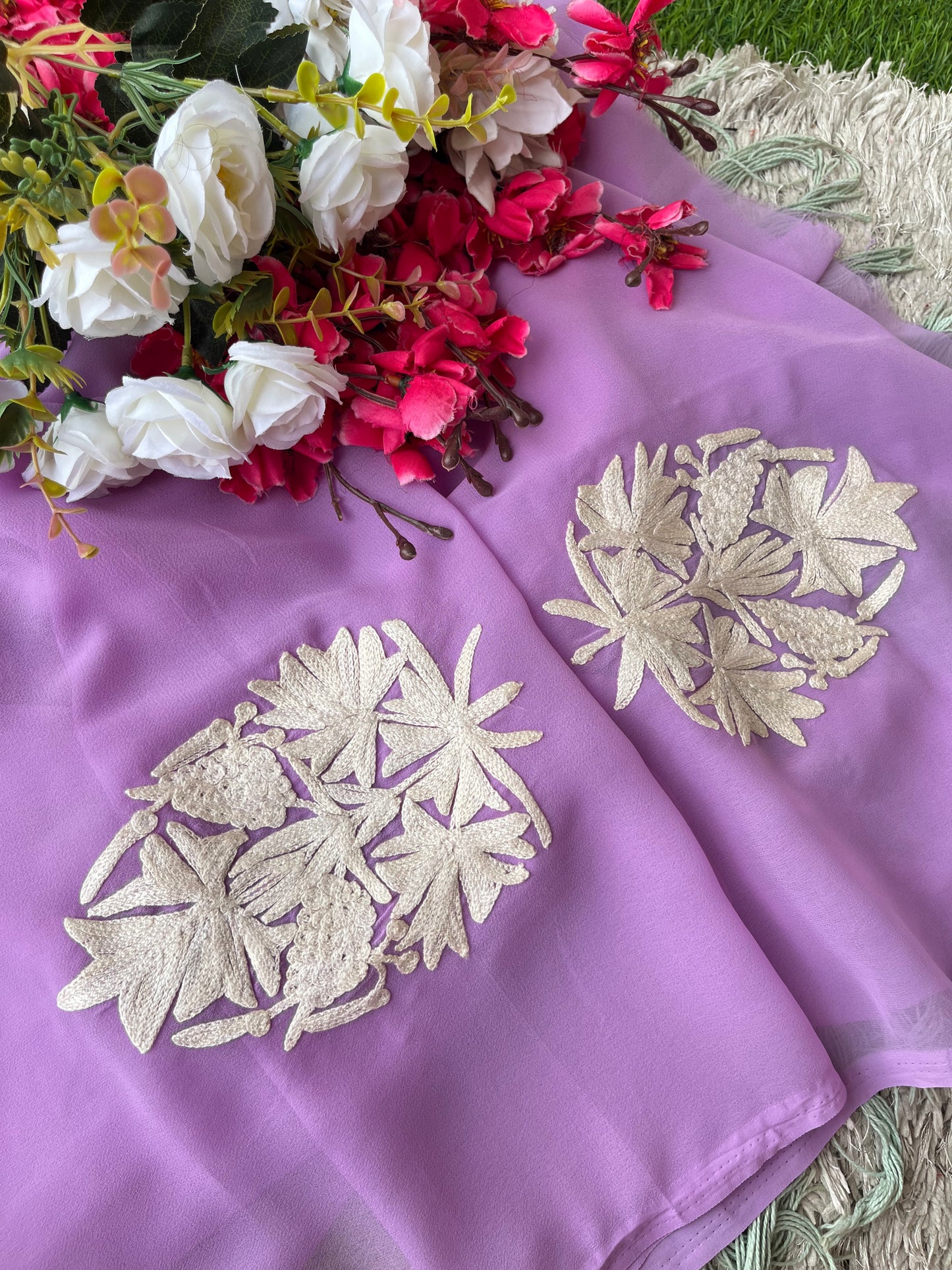Lilac Georgette Aari Embroidered Unstitched Kurta Material