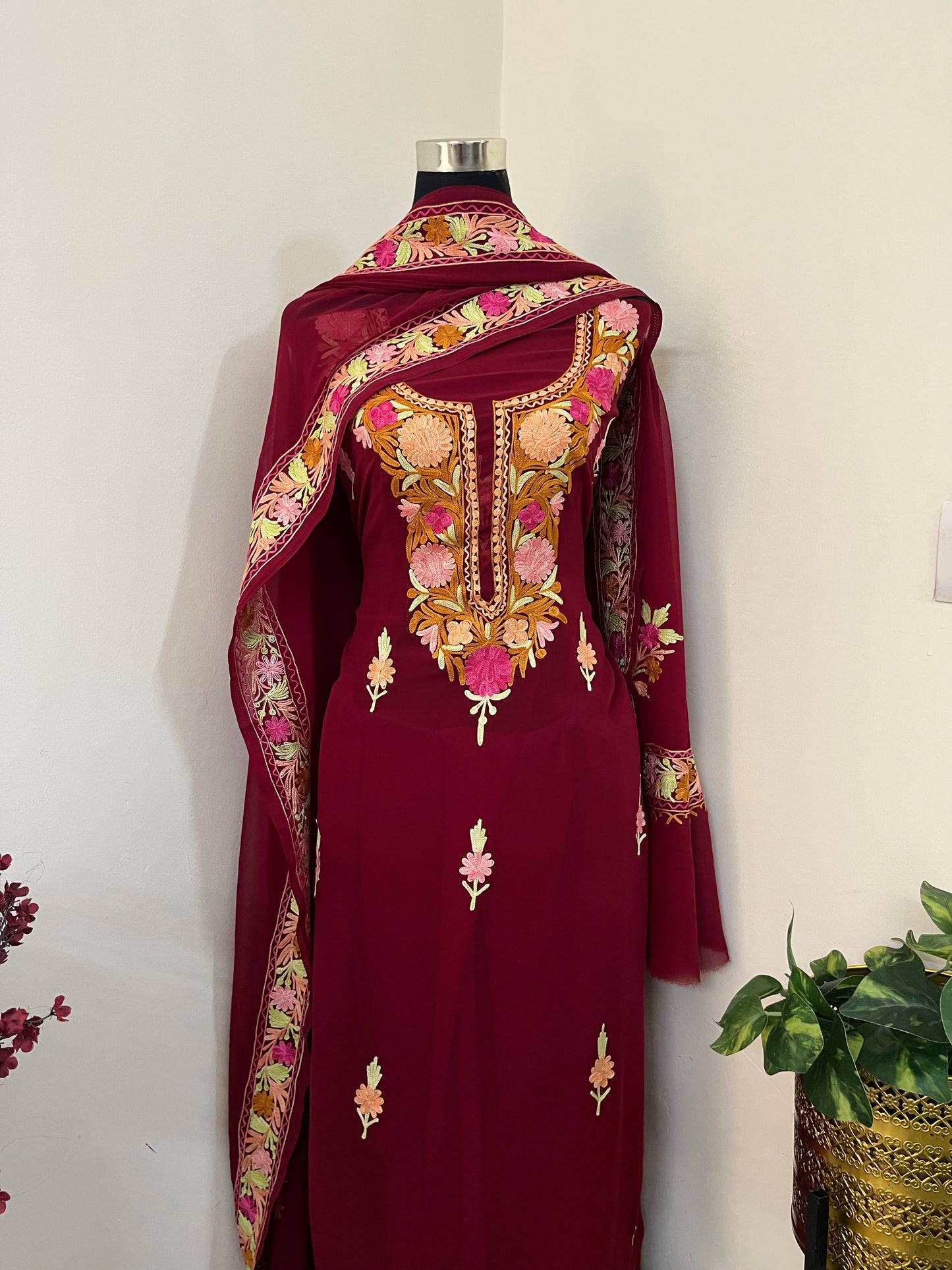 Maroon Georgette 3 Pc Aari Embroidered Suit Set