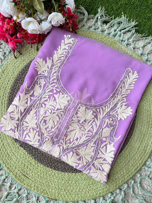 Lilac Georgette Aari Embroidered Unstitched Kurta Material