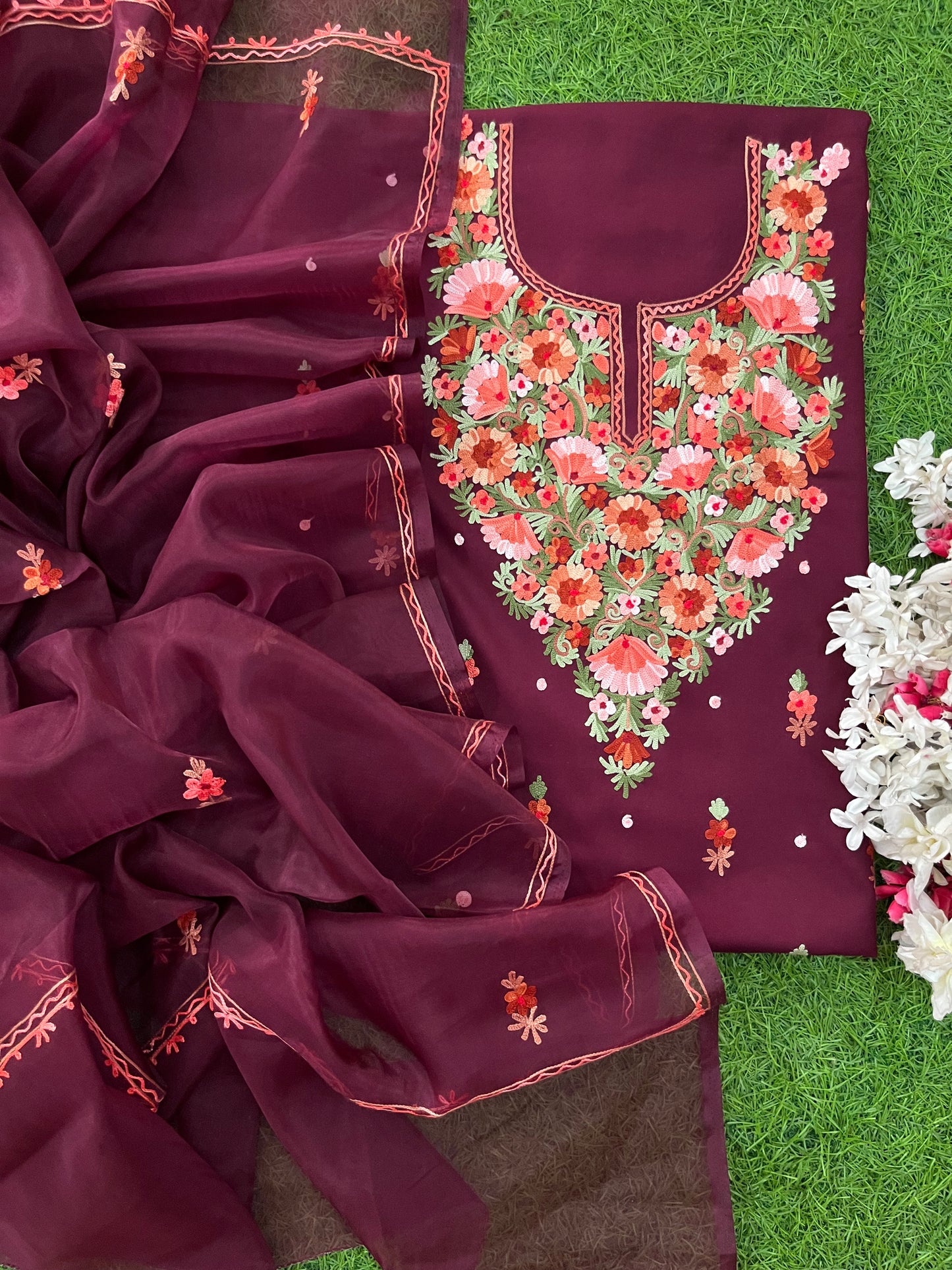 Wine Cotton Organza Dupatta Kashmiri 3pc set