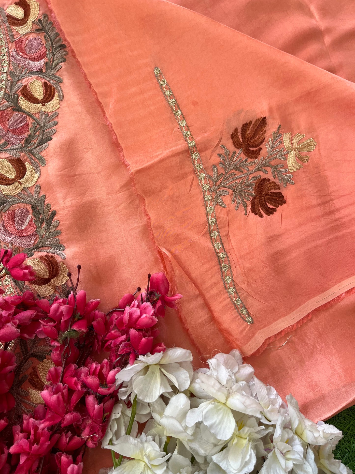 Peach Opada Silk Aari Embroidered Suit material