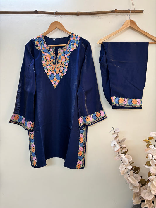 Royal Blue Shimmer Silk Stitched Co-ord Set (Free Size / 45 inches)