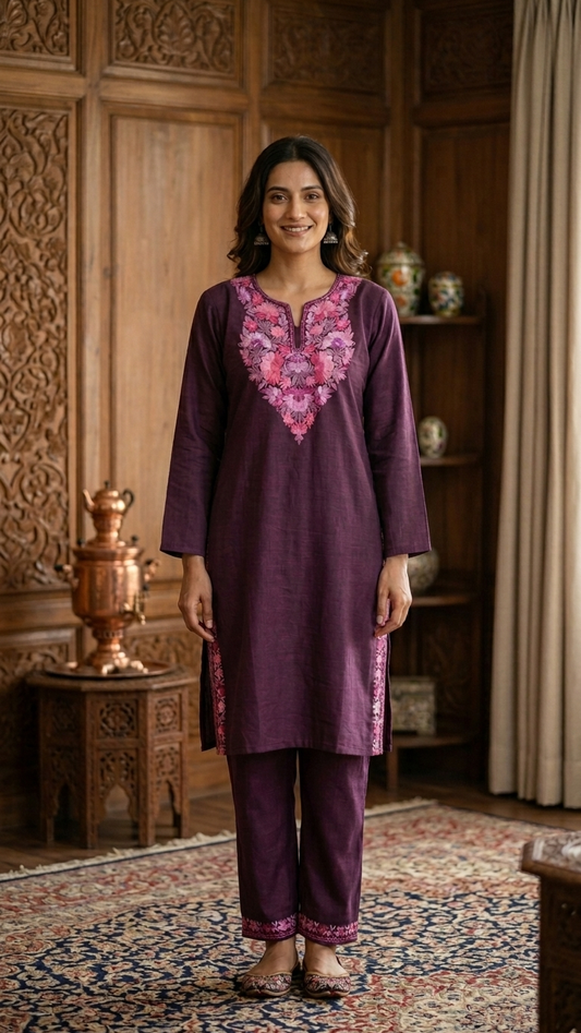 Wine Cotton Stitched Co-ord Set