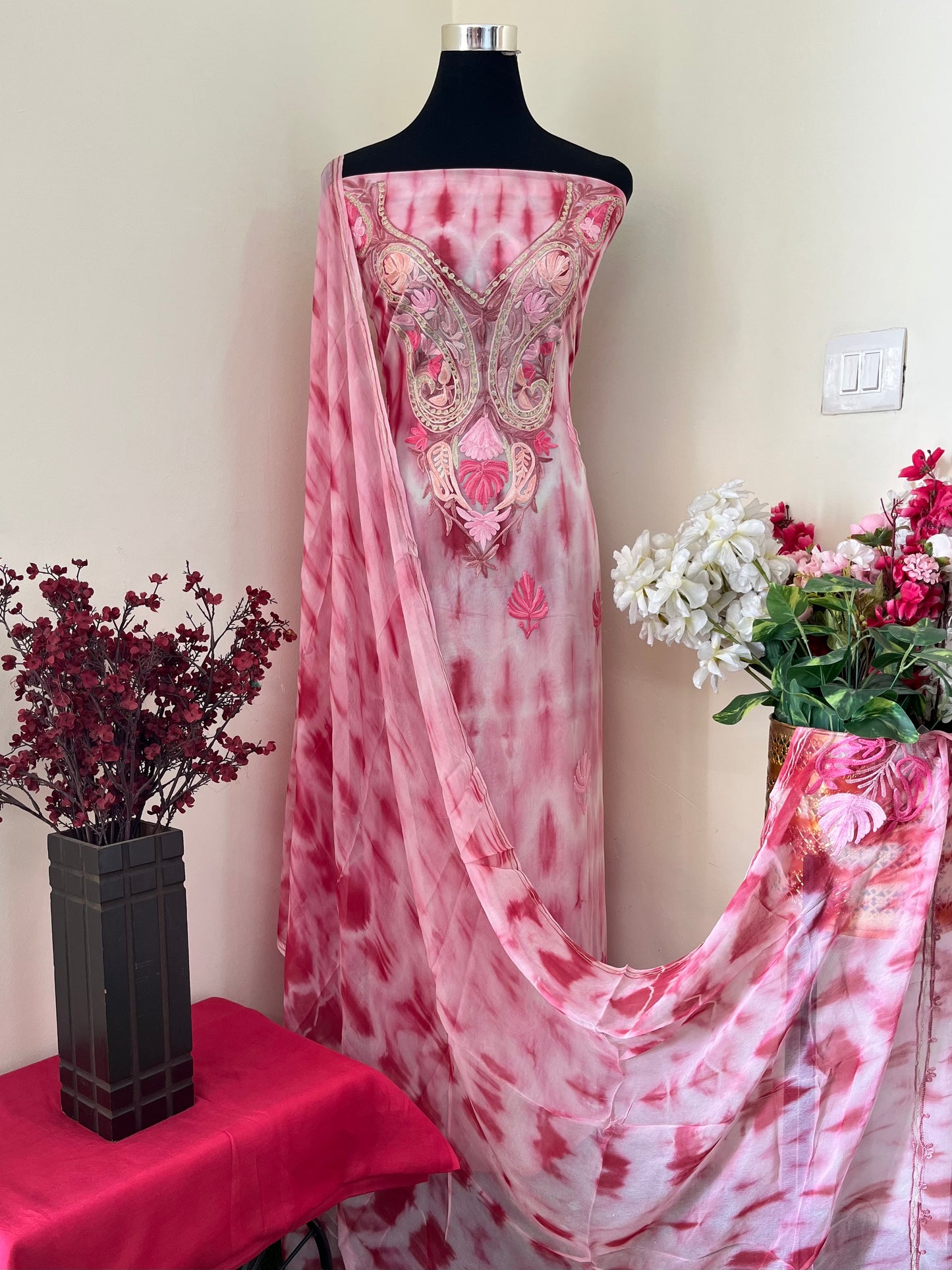Rose Pink Pure Georgette Ty Dy Kashmiri Suit